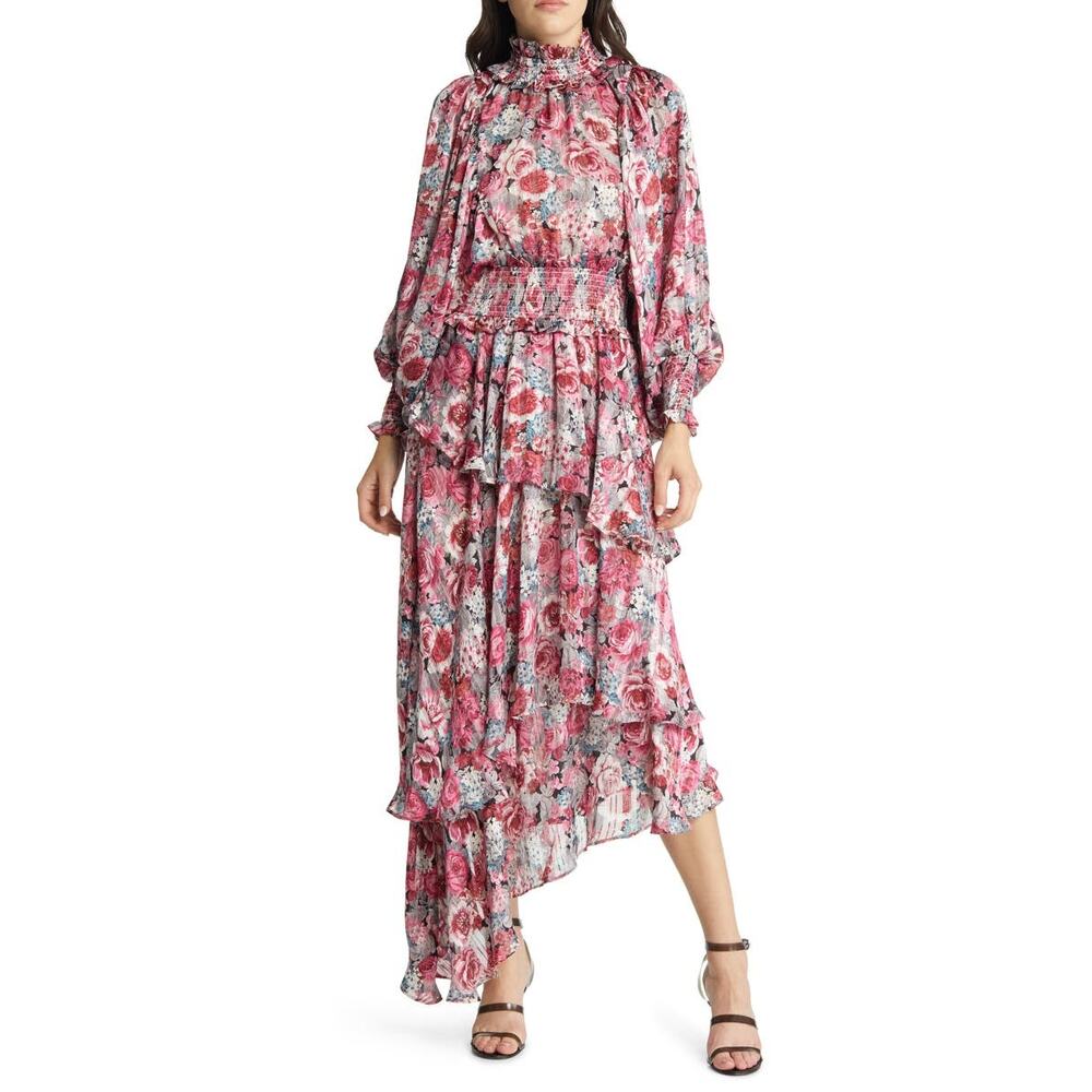 NWT Elliatt Astrid Floral Long Sleeve Asymmetrical Tiered Hem Midi Dress S